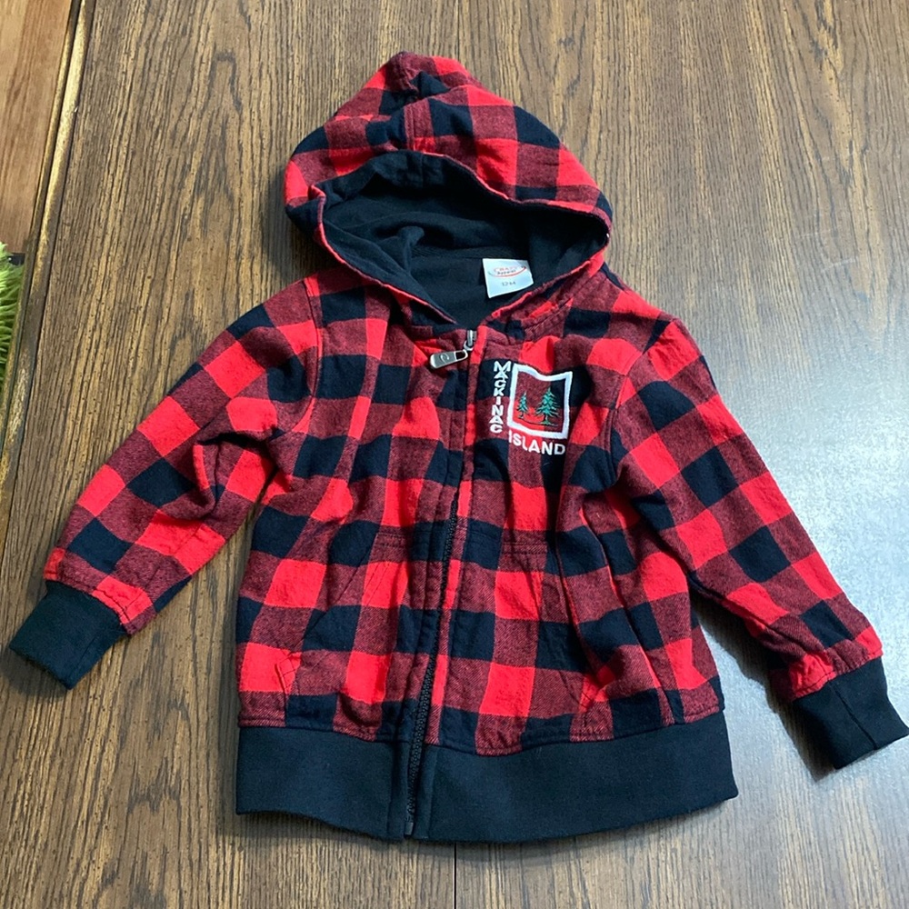 “5/$20” red checkered Mackinac Island zip up hooded jacket size 12 months